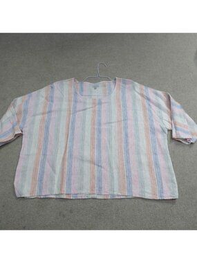 Paraphrase Top Large Blue Pink Beige Striped 100% Linen 3/4 Sleeves